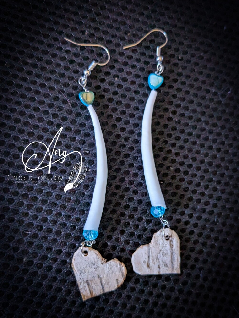 Native American Birch Bark Love Earrings With Dentalium Shells & Teal Beads